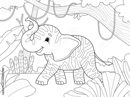 Fototapeta Naklejka Na Ścianę i Meble -  Zebra colored elephant in the African forest. Children cheerful character, animal. Page for printable children coloring book.