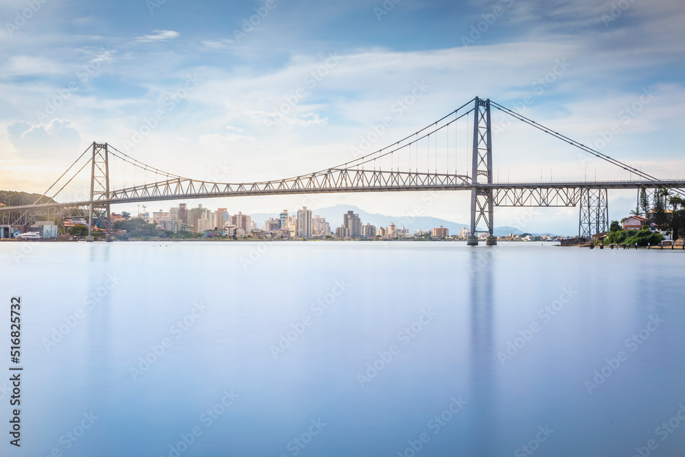 Long exposure Hercilio Luz bridge at sunrise, Florianopolis, Brazil