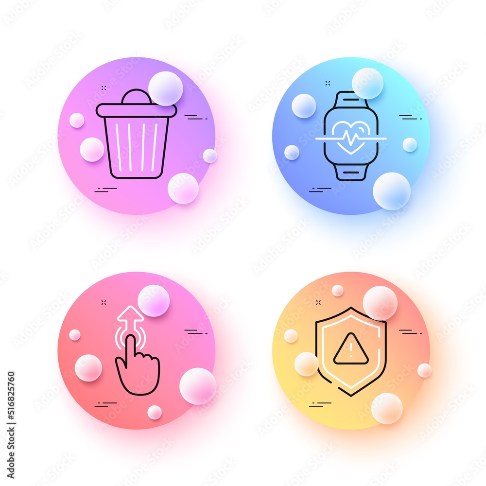 Cardio training, Trash bin and Shield minimal line icons. 3d spheres or balls buttons. Swipe up icons. For web, application, printing. Fitness watch, Garbage, Safe secure. Touch technology. Vector Cardio training, Trash bin and Shield minimal line icons. 3d spheres or balls buttons. Swipe up icons. For web, application, printing. Fitness watch, Garbage, Safe secure. Touch technology. Vector