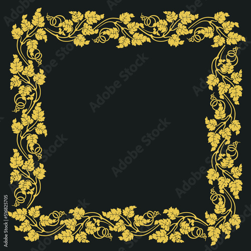 Gold frame with grape leaves ornament on black background