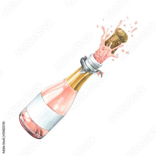 A glass bottle with pink champagne flying out with a cork. Watercolor illustration. An isolated object from a large set of happy BIRTHDAY. For decoration and composition, a congratulatory theme © NATASHA-CHU