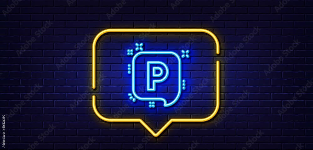 Neon light speech bubble. Parking line icon. Car park speech bubble sign. Transport place symbol. Neon light background. Parking glow line. Brick wall banner. Vector Neon light speech bubble. Parking line icon. Car park speech bubble sign. Transport place symbol. Neon light background. Parking glow line. Brick wall banner. Vector