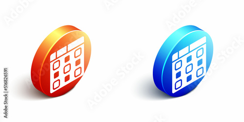 Isometric Drum machine music producer equipment icon isolated on white background. Orange and blue circle button. Vector