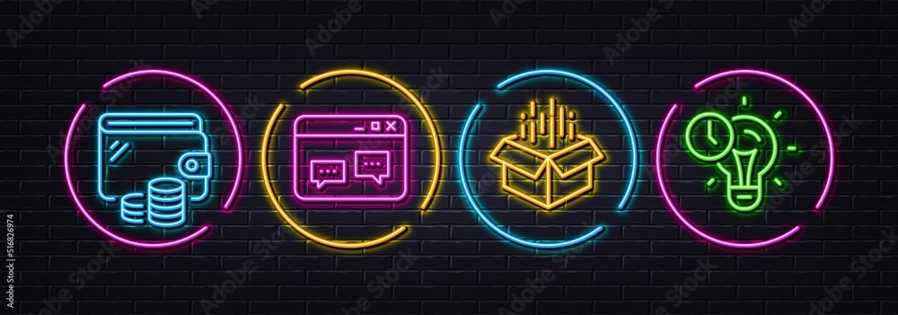 Wallet, Open box and Browser window minimal line icons. Neon laser 3d lights. Time management icons. For web, application, printing. Money budget, Delivery package, Website chat. Vector