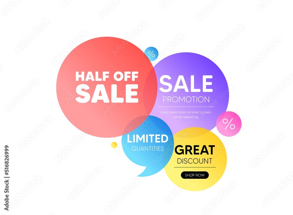 Discount offer bubble banner. Half off sale. Special offer price sign. Advertising discounts symbol. Promo coupon banner. Half off sale round tag. Quote shape element. Vector Discount offer bubble banner. Half off sale. Special offer price sign. Advertising discounts symbol. Promo coupon banner. Half off sale round tag. Quote shape element. Vector