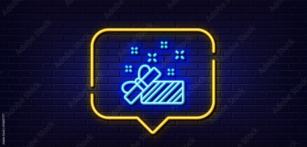 Neon light speech bubble. Gift box open line icon. Christmas or New year present sign. Surprise symbol. Neon light background. Present glow line. Brick wall banner. Vector Neon light speech bubble. Gift box open line icon. Christmas or New year present sign. Surprise symbol. Neon light background. Present glow line. Brick wall banner. Vector
