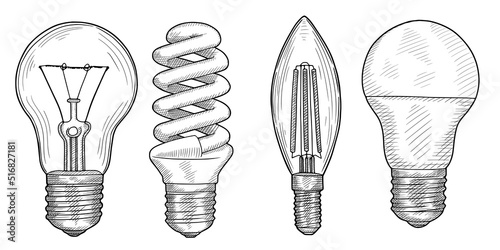 Hand-drawn set of vector sketches of different light bulbs