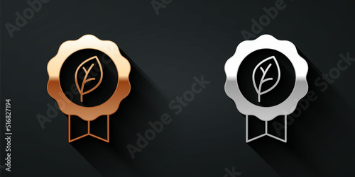 Gold and silver Leaf Eco symbol icon isolated on black background. Banner, label, tag, logo, sticker for eco green. Long shadow style. Vector