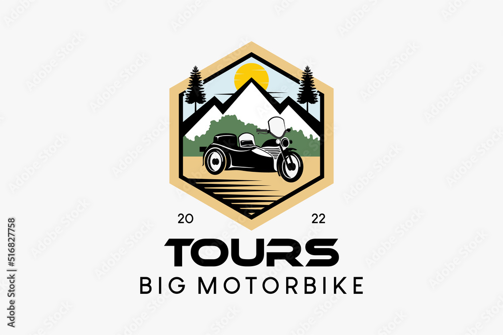 Big bike sidecar logo design for travel or adventure, big motorbike silhouette blended with nature in a hexagon Big bike sidecar logo design for travel or adventure, big motorbike silhouette blended with nature in a hexagon