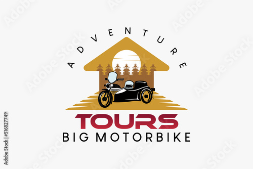 Big motorcycle sidecar logo design for travel or adventure, big motorcycle silhouette combined with nature in a home icon