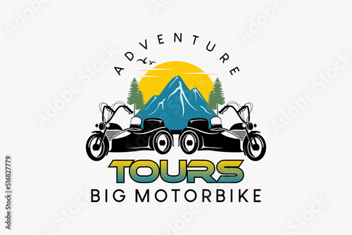 Big motorcycle sidecar logo design for travel or adventure, big motorcycle silhouette combined with nature in retro color creative concept