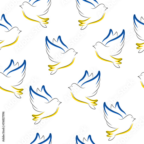 Seamless pattern with a dove of peace in the colors of the Ukrainian flag. Support Ukraine.