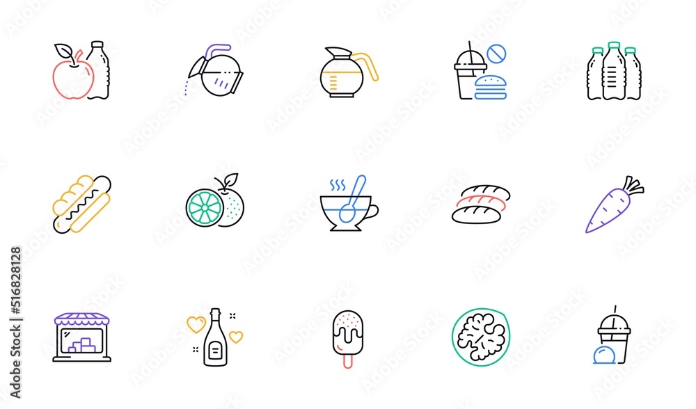 Bread, Fast food and Ice cream line icons for website, printing. Collection of Carrot, Apple, Tea cup icons. Hotdog, Ice cream milkshake, Love champagne web elements. Coffeepot. Vector