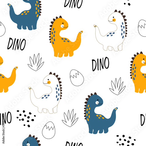 Hand drawn vector pattern with dino. Seamless pattern with dinosaurs  dino lettering  eggs and tropical bushes in doodle style. Children s wallpaper  print on clothes.