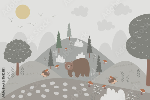 Vector hand drawn children's wallpaper in scandinavian style. Mountains and hills with trees and firs, forest animals and plants. For a children's wall. © YUSI_DESIGN