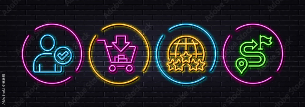 Rating stars, Shopping and Identity confirmed minimal line icons. Neon laser 3d lights. Journey icons. For web, application, printing. Internet rank, Add to cart, Person validated. Vector