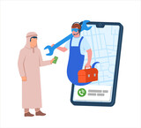 Repair online service muslim arab call man to help home issue vector illustration