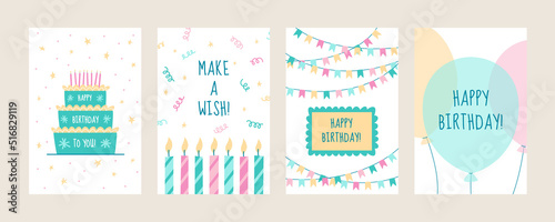 Set of 4 Happy Birthday greeting cards. Vector holiday celebration design.