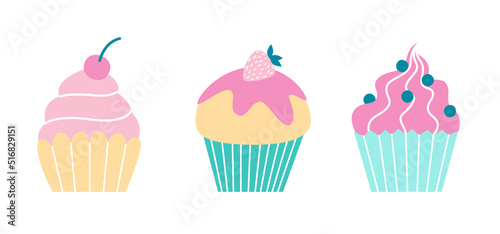 Cute flat style vector illustration with cupcakes set. Pink and green pastel colours. Sweet desserts set for prints, greeting cards, social media design about pastry