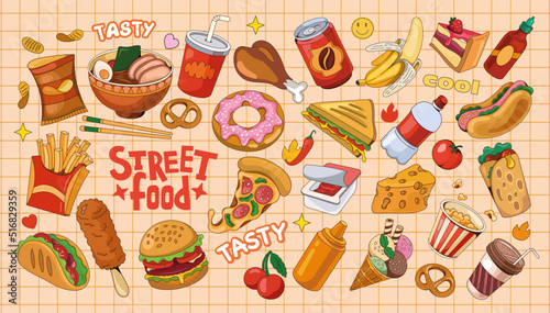 Set of vector illustration of street food from different countries. Colorful images of drinks, desserts, breakfasts on a dark background in vintage style. It is used to decorate cafes and restaurants.