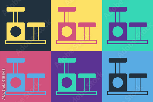 Pop art Cat scratching post with toy icon isolated on color background. Vector