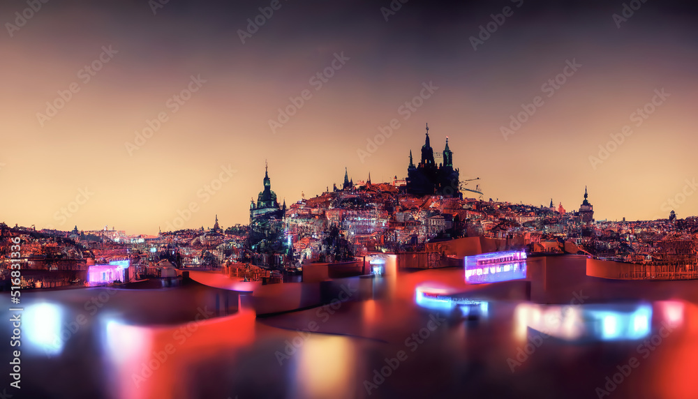 Night neon city, view from above. Night lights of signboards, reflection in the water. Abstract city. 3D illustration.