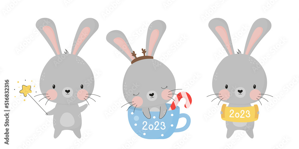 Set of Christmas funny cute bunnies. Animal rabbit Set of Christmas funny cute bunnies. Animal rabbit
