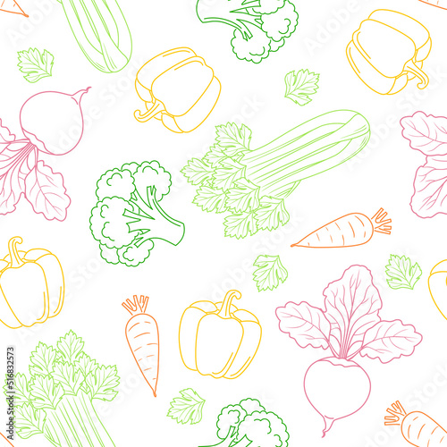Outline multicolored vegetables background. Vector seamless pattern with food icons. Simple illustration of carrot, broccoli, celery bunch and leaf, beetroot and bell pepper .
