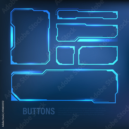 Techno-futuristic, style, sci-fi blue button set, hi-tech information set badge