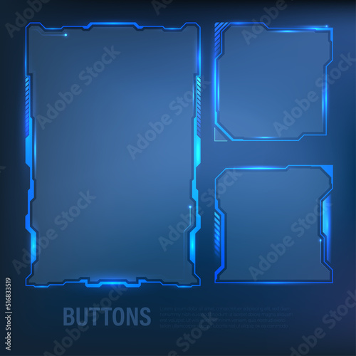 Techno-futuristic, style, sci-fi blue button set, hi-tech information set badge