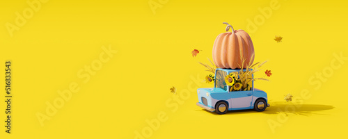 Car carrying big pumpkin with sunflowers, wheat and corn. Autumn season concept on yellow background 3D Render 3D illustration