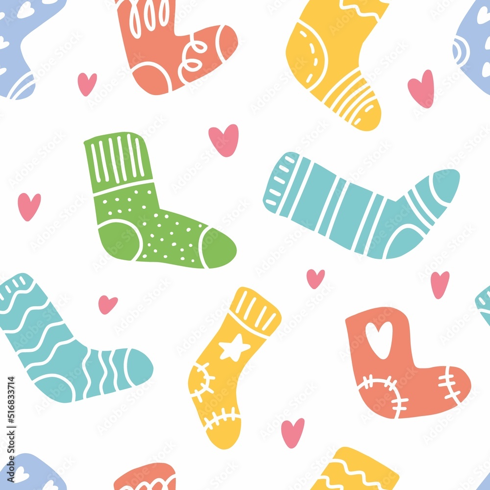 Vector pattern with multicolored socks drawn by hand