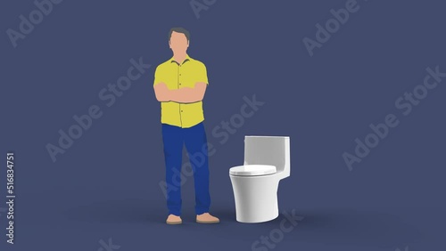 Silhouette of a man standing near the toilet with his arms folded across his chest isolated on blue background. 3d rendering, camera animation photo