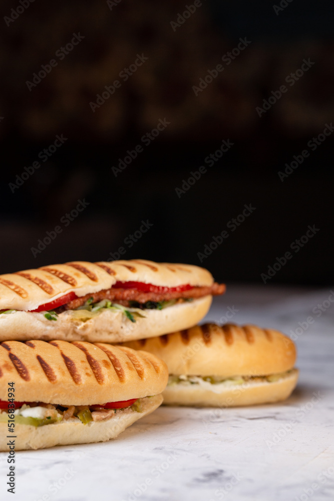 fried panini with ham on a dark backgroun fried panini with ham on a dark backgroun