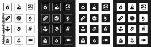 Set Book about poisons, Petri dish with bacteria, Thermometer, Nuclear bomb, Poisoned alcohol, Beaker toxic liquid, flower and Radioactive icon. Vector