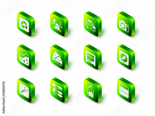 Set Oil money, Mining dump truck, Photo camera, Compass, Soil ground layers, Seismograph, Ore mining and analysis icon. Vector