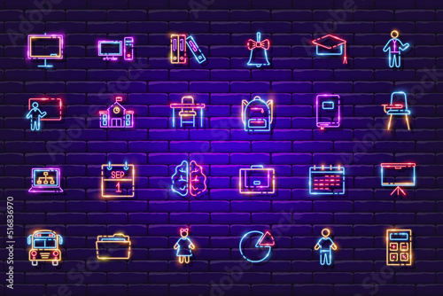 School and office neon signs set. Study, science, school, university, distance learning, e-learning icon. Vector illustration for design, website, advertising