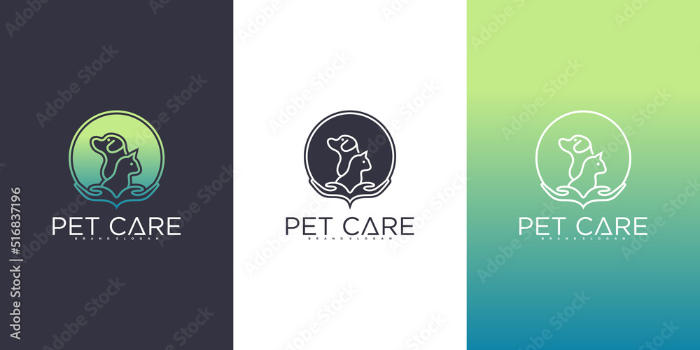 Fototapeta premium Set of Pet care logo design collection with dog, cat, and hand symbols Premium vektor