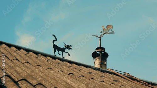 the roof of a house in the village, on which a weather vane in the form of a rooster is spinning near the chimney, to which a cat is sneaking