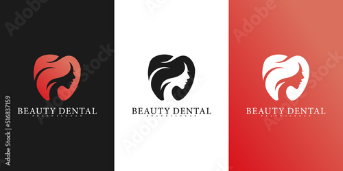Modern dental logo with creative combined tooth and woman face design Premium Vektor