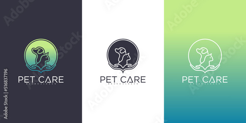 Set of Pet care logo design collection with dog, cat, and hand symbols Premium vektor