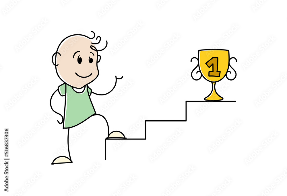 Smiling stickman standing in front of a ladder and a goblet. Cartoon man overcoming obstacle on way to success or victory cup and taking award, prize, trophy or reward. Growth opportunities concept. Smiling stickman standing in front of a ladder and a goblet. Cartoon man overcoming obstacle on way to success or victory cup and taking award, prize, trophy or reward. Growth opportunities concept.