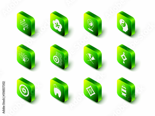 Set Lotus flower, Yin Yang symbol, Chinese paper lantern, Traditional fan, New Year and fortune cookie icon. Vector