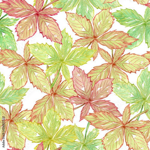 Watercolor seamless autumn pattern with watercolor colorful leaves. Fall watercolor background