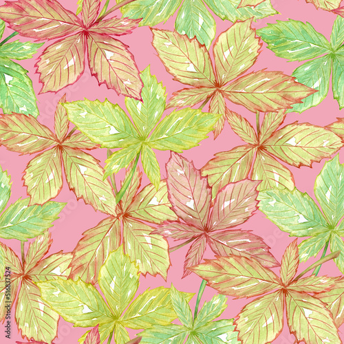 Watercolor seamless autumn pattern with watercolor colorful leaves. Fall watercolor background