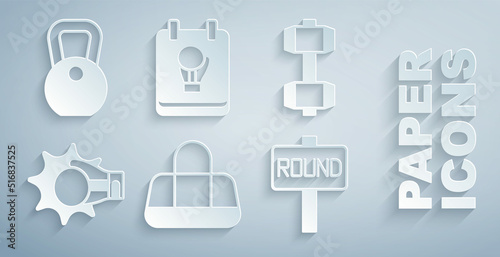 Set Sport bag, Dumbbell, Punch in boxing glove, Boxing ring board, and Weight icon. Vector