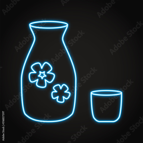 Sake bottle and cup neon icon