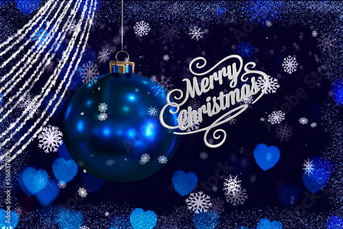  Christmas snowflakes and blue ball white string  greetings lettering   festive background banner template copy space  