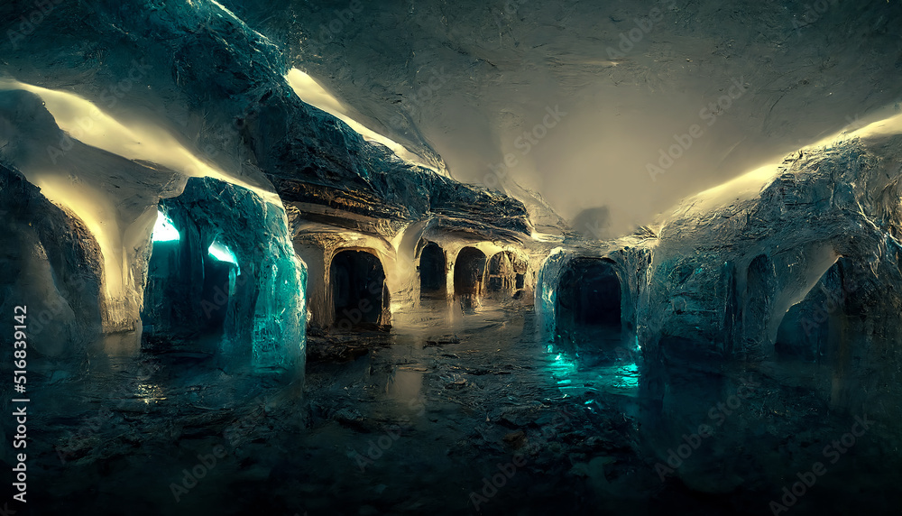 Fototapeta premium Abstract ice underground fantasy caves. Rays of light in a dark ice cave. Cold, ice, freshness. Blue neon ice with wet. 3D illustration.
