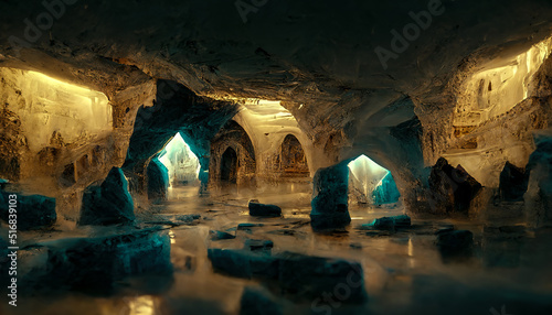 Abstract ice underground fantasy caves. Rays of light in a dark ice cave. Cold, ice, freshness. Blue neon ice with wet. 3D illustration.